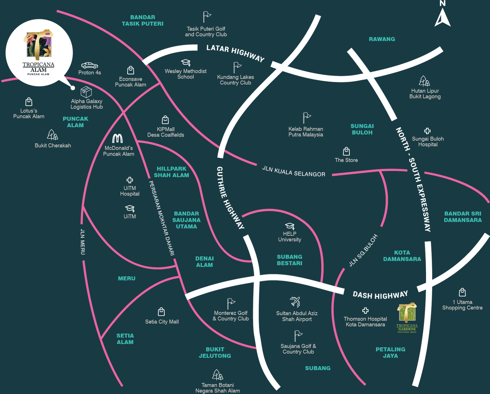 Location map showing Avisa Residences at Tropicana Alam and nearby connectivity, education, healthcare and shopping amenities